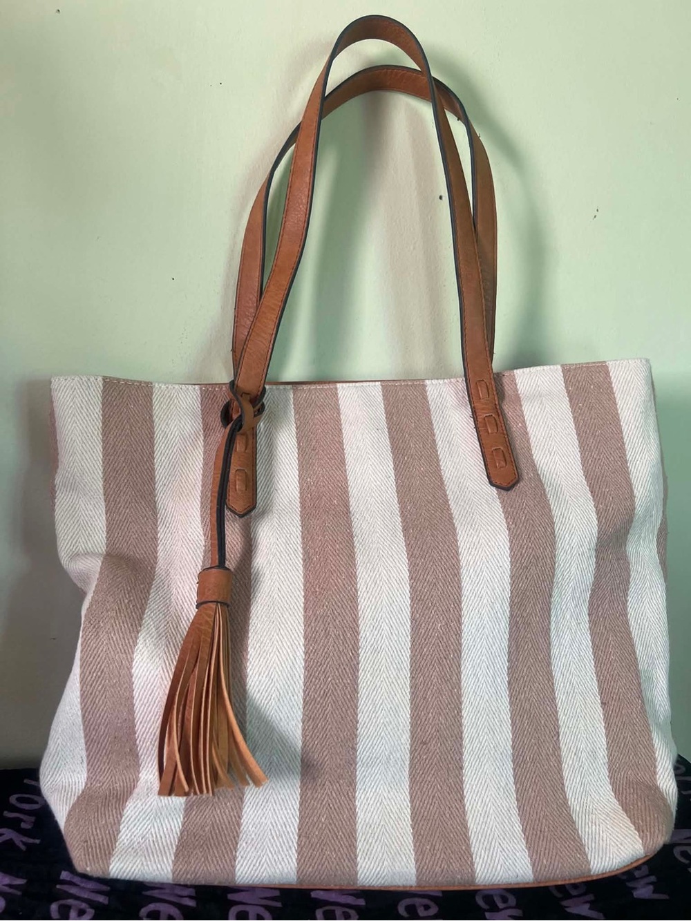 Striped Canvas Tote with Tan Leather Handles